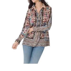 Chicos Floral Paisley Print Button Front Blouse Boho Tunic Top Relaxed Fit Sz 2